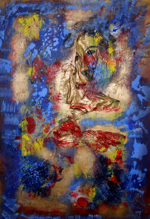 Mixed media painting, blue and gold