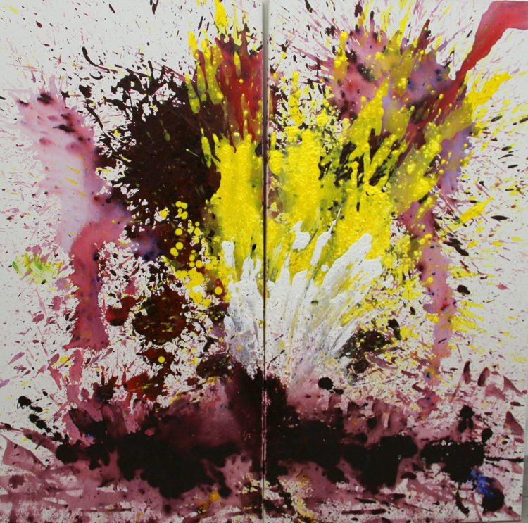 Mixed media painting, pink and yellow