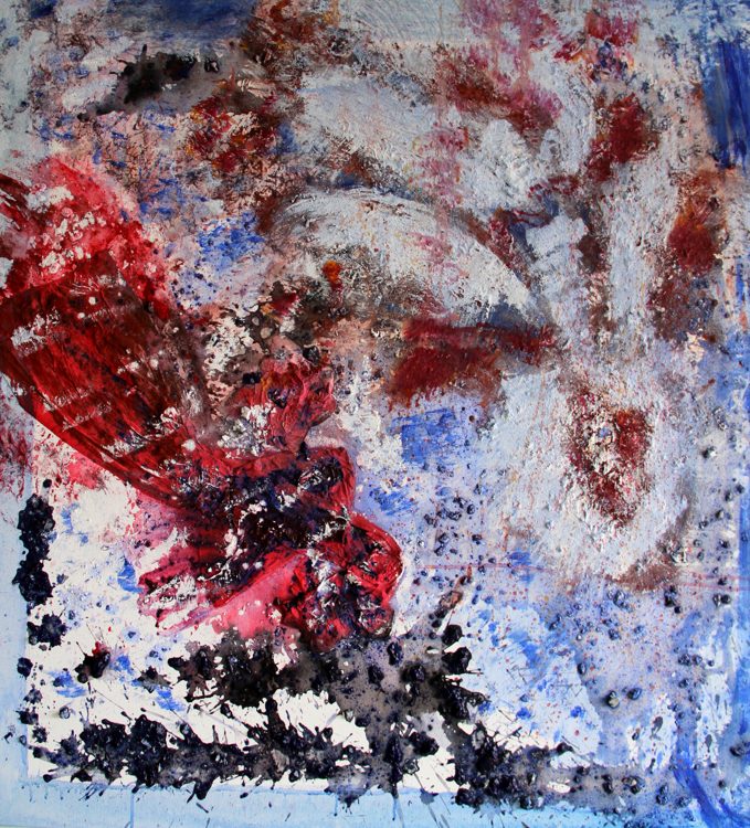 Mixed media painting, red and blue